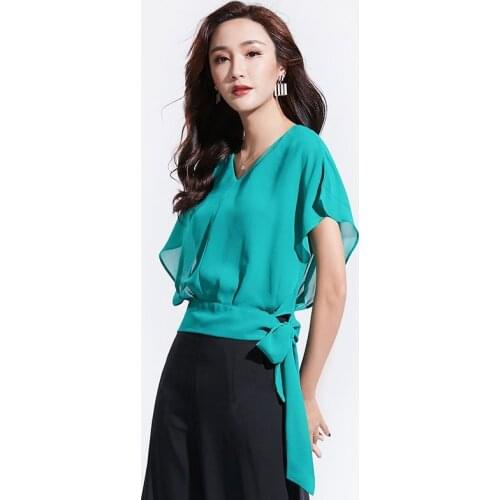 Women Tops Summer 2019 Chiffon Short Sleeve Work Clothes Lace Up Shirt Female Crop Tops Korean Fashion Woman Clothing DD2120