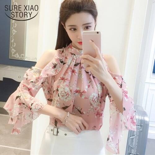 2021 Summer Lady Off Shoulder Tops Short-Sleeve Chiffon Shirt Women Casual Floral Pullover Blouse Women Print Green Pink 9374 50
