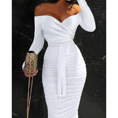 Women Off Shoulder Ruched Belted Bodycon Dress Elegant Skinny Party Dress