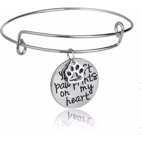12PC/Lot Delicate Left Paw Prints On My Heart Bangle Hollow Dog Pet Claw Animals Rescue Bracelets Women Men Adjustable Wristband