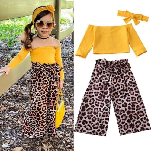 New Toddler Baby Kid Girl Off Shoulder Tops T-shirt Leopard Pants 3Pcs Outfit UK