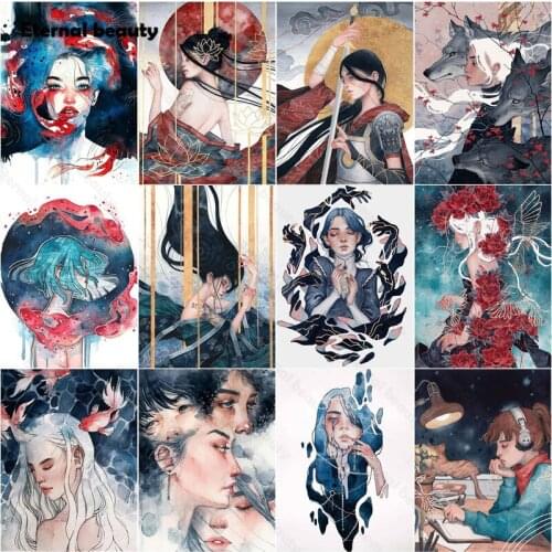 5D Diy Diamond Painting Watercolor Chinese Style Girls and Goldfish Full Square Drill Home Decor Diamond Mosaic Cross Stitch Kit