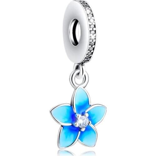 CKK Fits Pandora Charms Bracelets Blue Enamel Plumeria Flower Metal Beads 925 Sterling Silver Dangle Charm DIY Jewelry Making