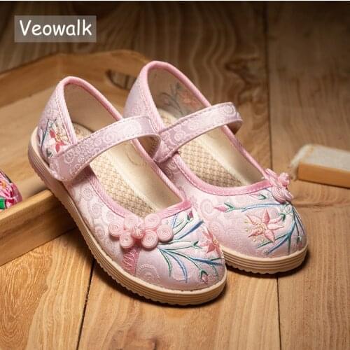 Veowalk 1-15 Year Old Children Girls Cotton Flower Embroidered Ballet Flats Comfortable Sneakers Kids Princess Shoes White Pink