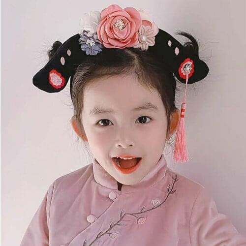 Chinese New Years Style Childrens Hanfu Hairband Princess Queen Headdress Antique Cosplay Flower Tassel Flag Hair Decoration