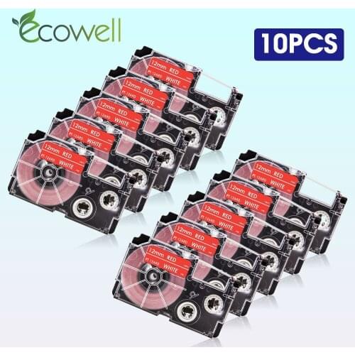 Ecowell 5/10Pcs Compatible Casio XR-12ARD 12mm White on Red label tape XR 12ARD XR12ARD replace for Casio KL-60SR 60 Label Maker