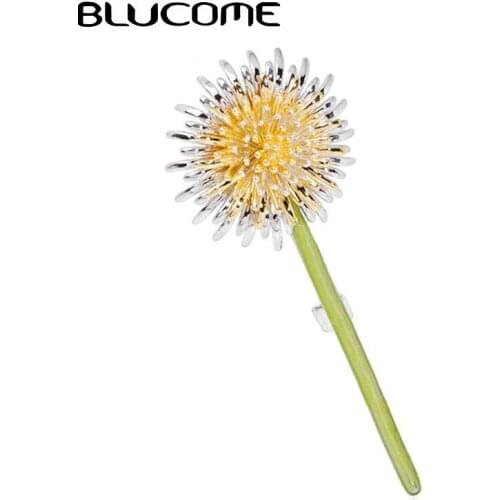 Blucome Enamel Green Dandelion Flower Brooches For Women Mens Weddings Plants Brooch Lapel Pins Gifts Copper Suit Collar Clip