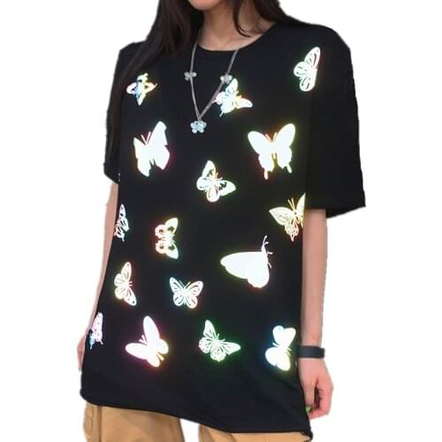 Reflective Butterfly Print Harajuku Black White Tshirt Short Sleeve Top Tee Street Fashion Female T-shirt Bestie Match Clothes
