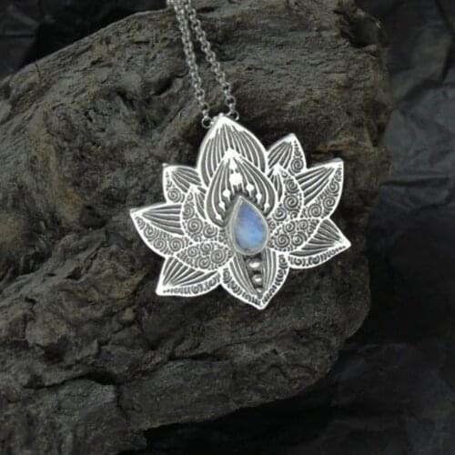 FYJS Unique Silver Plated Alloy Lotus Flower Pendant Link Chain Necklace for Women Blue Crystal Jewelry