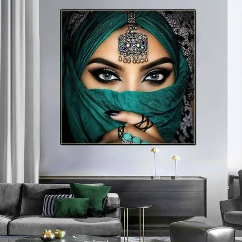 Indian Masked Beauty Woman Poster Blue Turban Print Figure Canvas Painting on The Wall Art Islamic Picture Liviing Room Decor