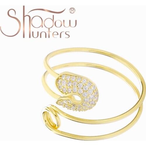 SHADOWHUNTERS Authentic 925 Sterling Silver Curved Safty Pin Adjustable Rings For Women Clear Zircon CZ Open Rrings Gold Color