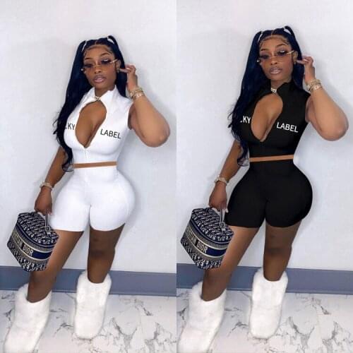 Echoine Embroidery Letter Ribbed Crop Top and Shorts Set Two Piece Set Skinny Bodycon Sexy Party Outfits Streetwear