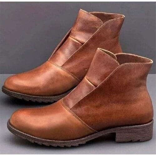 2020 Leather Ankle Boots Autumn Vintage Slip-On Women Shoes Comfortable Flat Heel Boots Female Zipper Short Boots Botas Mujer