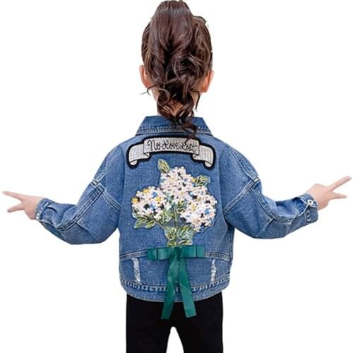 Girls Denim Jacket Coat Floral Pattern Coat Girl 2021 New Kids Coats Outerwear Spring Autumn Childrens Clothing