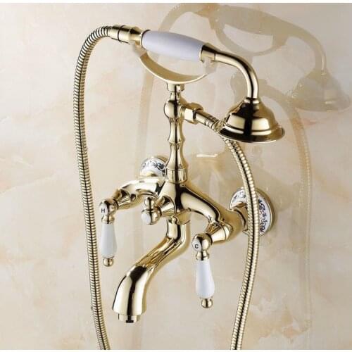 Gold Color Brass Ceramics Base Wall Mounted Clawfoot Bath Tub Faucet Mixer Tap Telephone Style Hand Held Shower Head Set atf412