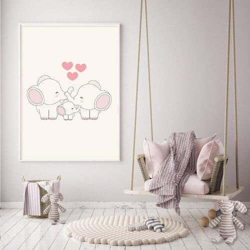 Sweet Pink Happy Elephant Family Nursery Decor Baby Wall Art Canvas Painting Poster Print Picture Children Gift Home Decor