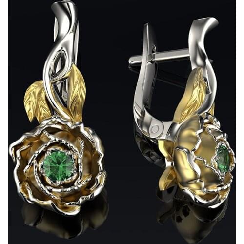 Fashion Luxury Peony Flower Drop Earrings Vintage Dangle Green Stone Creative Long Dangle Earrings for Women Wedding Jewelry