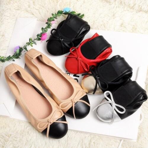Fashion High Quality Round Head Flats Shoes Shallow Mouth Bow Big Yards Pregnant Women Work Shoe Genuine Leather Ballerina Flats