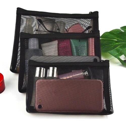 Portable Cosmetic Bag Black Transparent Mesh Storage Pouch Travel Organizer Toiletry Bag Zipper Cosmetic Organizer Makeup Bag