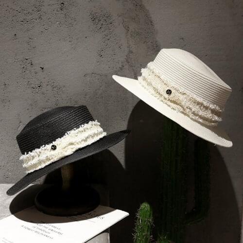 Fashion Breathable Wide Brim Straw Hat Flat Boater Beach Sun Hats Ribbon Letter M Women Lady Summer Hat