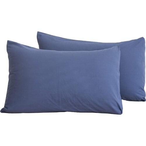 Blue 100% Washed Cotton Standard Pillowcases Set, 2 Pack Luxury Soft Breathable Pillow Covers with Envelope Closure 48x74cm