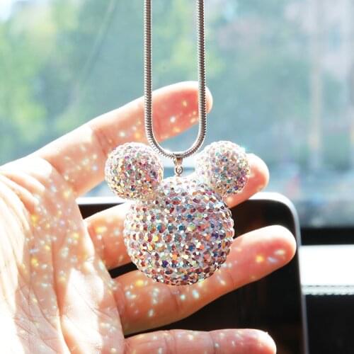 Rhinestone Crystal Ball Car Pendant Cute Cartoon Mickey Bling Car Mirror Hanging Accessories Girls Women Car Interior Decoration
