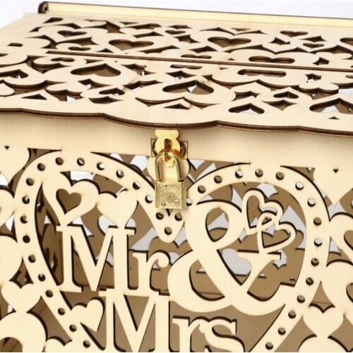 Y1UU DIY Wedding Gift Mr & Mrs Wooden Card Money Box Case With Lock Rustic Beautiful Party Favor Decoration Birthday Supplies