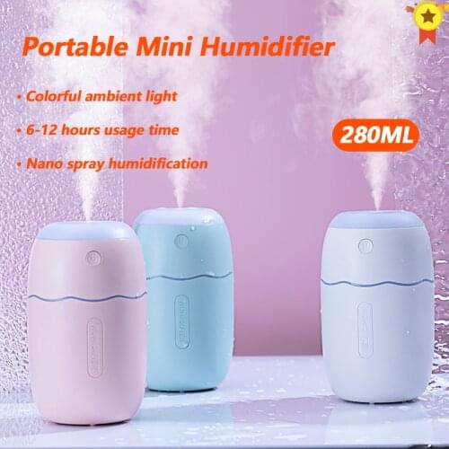 280ML USB Silent Air Humidifier Gentle Night Light Aroma Diffuser Continuous/Intermittent Spray Can Work For 6-12 Hours