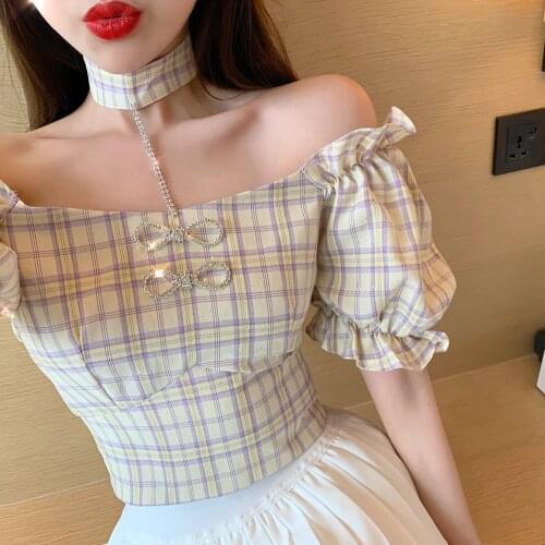 Retro plaid blouse halter neck summer short plaid blouse sexy women short sleeve tops female