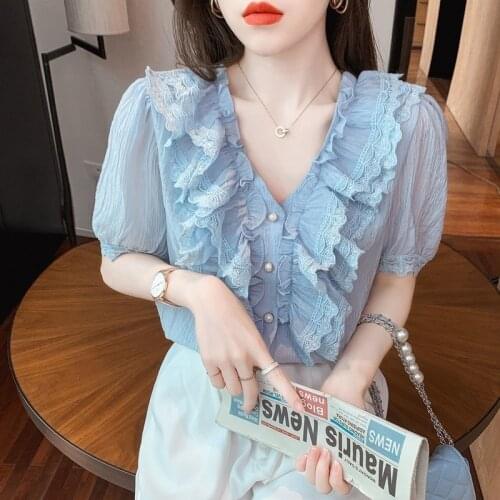 Lace v-neck short-sleeved shirt women 2021 summer new Korean loose sweet top blouse