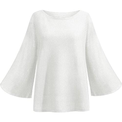 Women Autumn Winter Long Flared Sleeve O Neck Solid Color Loose Knitwear Sweater