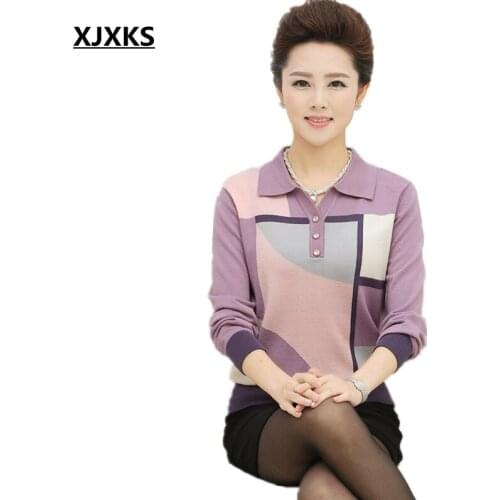 Women Sweater Autumn Mother Clothing Pullover Basic Shirt Geometric Patterns Loose Turn-down Collar Top S-XXXL Female Sweater