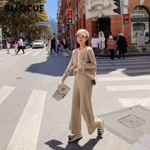 BLLOCUE 2020 New Autumn Winter knit 2 Pieces Set Women Pockets Single-Breasted Cardigan Sweater Coat + Wide Leg Pants Sets