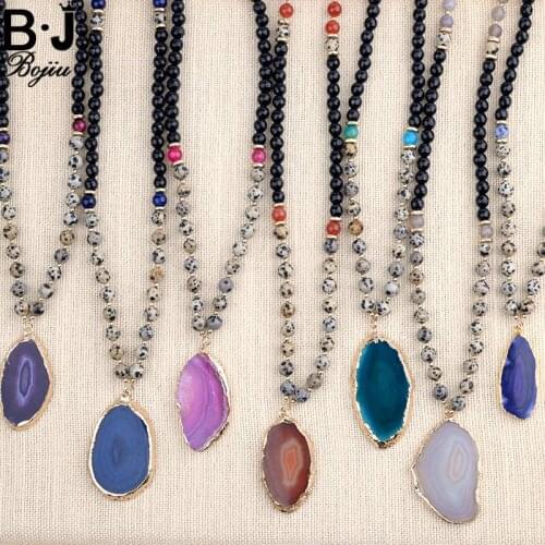 BOJIU Long Necklace For Women Bohemia New Fashion Natural Stone Pendant Women Resin Mixed Stone Beaded Elastic Necklace NKS102