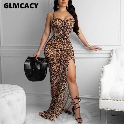 Women Leopard Printed Spaghetti Strap Pleated Slit Bodycon Dress Maxi Sexy & Club Sleeveless Plus Size Dresses