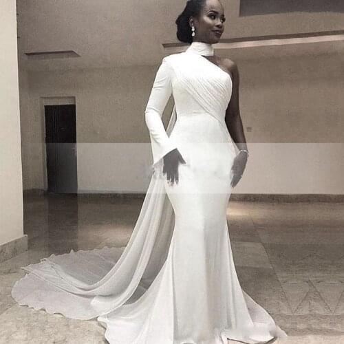 Modern White High Neck Single Long Sleeve Mermaid Formal Evening Dresses Chiffon Train Simple Trumpet Africa Womens Evening Gow