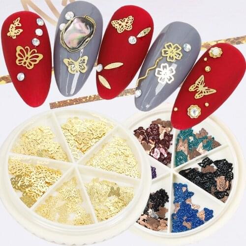 240pcs/Wheel 3D Gold Metal Charms Nail Art Sticker Decoration Mix 6 Styles Butterfly Letter Logo Tiny Slice DIY Nail Accessories