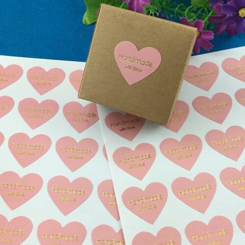 600pcs 3 color Gold Printed "Hand made with Love"Packing Seal Labels Sticker Kraft Paper Gift Favor decor Labels Heart Shape