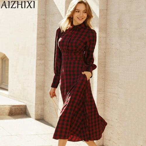 AIZHIXI Ladies Elegant Bishop Sleeve Plaid Midi Dress Spring Autumn Turn-down Collar Button A-Line Vintage Party Women Dresses
