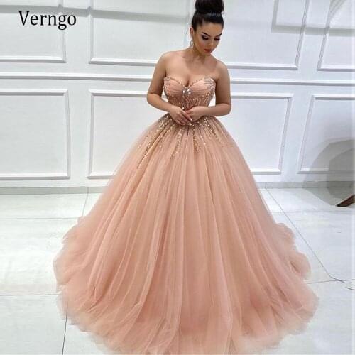 Verngo Blush Pink Ball Gown Tulle Wedding Dress For Bride Country Gowns Sweetheart Beads Crystal Shiny Corset Fitted Top Princes