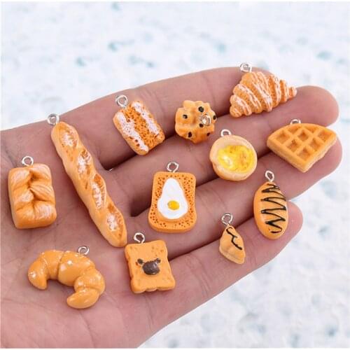 Julie Wang 10PCS Resin Artificial Food Charms Mixed Bread Tart Waffle Toast Cake Baguette Croissant Jewelry Making Accessory