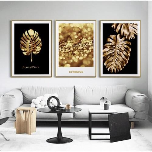 Black Gold Plant Leaves Art Picture Luxuri Decor Canvas Painting Wall Art Printing Poster for Livingroom Bedroom Fall Decoration