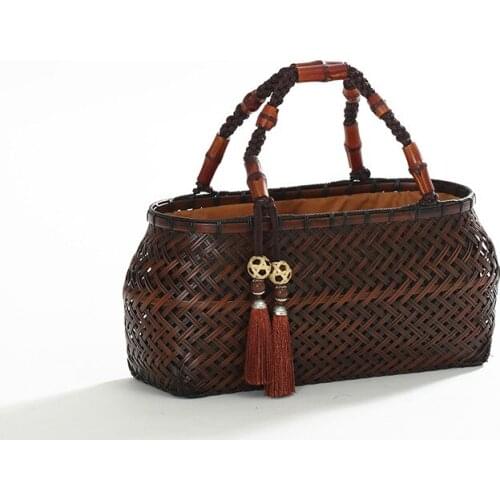 Chinese Hand-Made New Retro Bamboo Woven Bag Ladies Hand Tea Set Storage Style Ethnic Characteristic