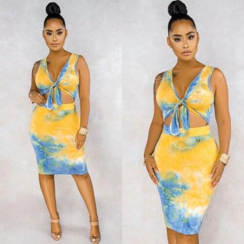 Summer New Style Womens Tie-Dye Printing Two-Piece Sleeveless Sexy Fashion Dress Wrapped Chest
