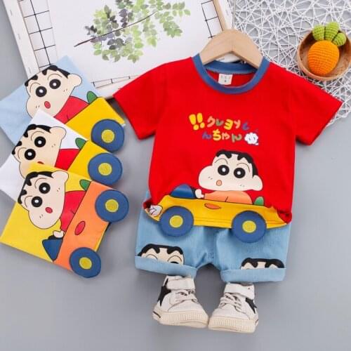 Summer Children Cotton Sets Clothes Baby Boys Girls Cartoon Animation T Shirts Denim Shorts 2Pcs Suits Toddler Kids Clothing
