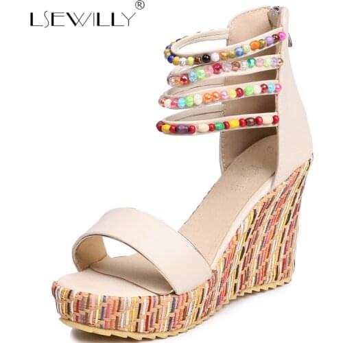 Lsewilly New Womens Summer Shoes Bohemian High Heel Wedge Sandals Fashion Color Beaded Fish Toe Sandals Back Zipper Shoes B20