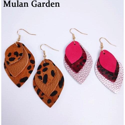 M&G 5 Patterns Multilayer Genuine Sheep Cowhide Leather Feather Earrings Glitter Leopard Earrings Fashion Women Accessories Gift