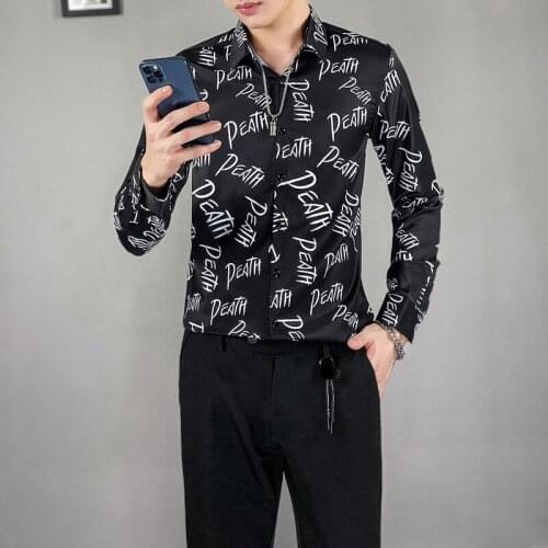 2021 Full Letter Print Shirts Men Long Sleeve Slim Casual Shirt Fashion Business Formal Dress Shirts Office Social Male Clothing