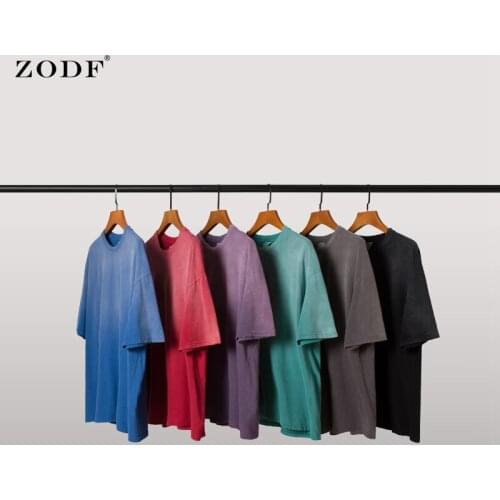 ZODF Brand New Mens Summer 200gsm Cotton T Shirts Loose Solid Retro Unisex Washed Gradient High Street O-Neck Tees Tops HY0243