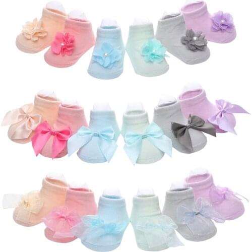 1 Pair Lytwtws Cotton Spring Flower Bowknot Lace Anti Slip Summer Sock Gift Ribbon Children Slipper Newborn Baby Girl Kids Sock